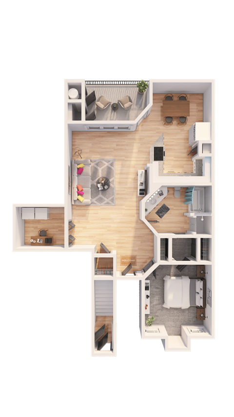 Floor plan for 1 bed, 1 bath, 1023 sqft